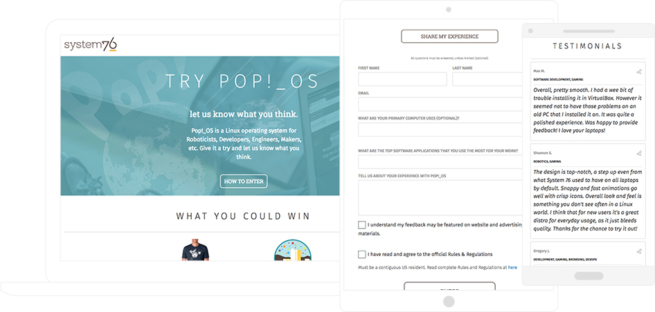 System76 used a ShortStack cmpaign to collect valuable testimonials