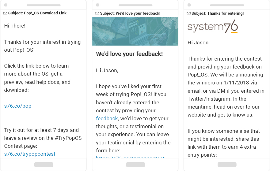 Email series sent by System76 using SHortStack's Marketing Automation features