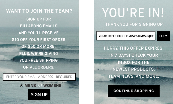 Billabong’s newsletter sign-up