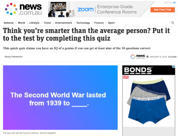 quiz from site News.com.au for Guide for Using Quizzes in Digital Marketing