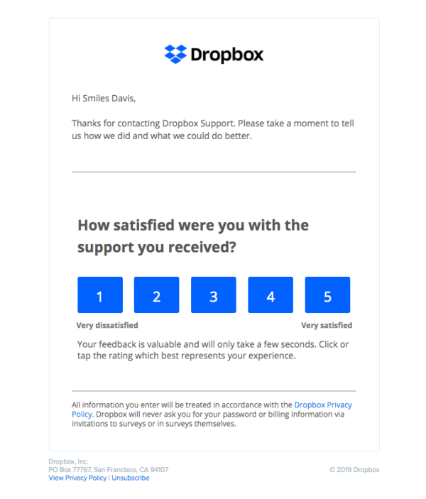 Dropbox automated email survey that gathers feedback about customer support