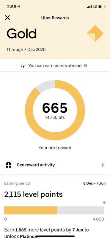 Uber customer rewards point gold 665 points
