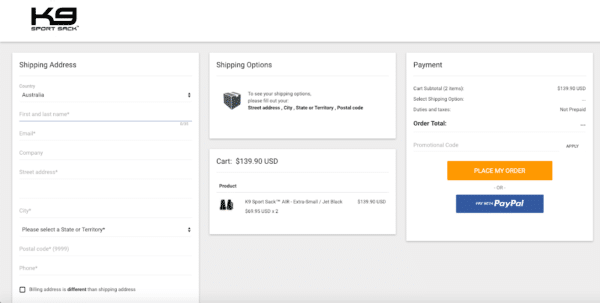 optimize the checkout process like K9 Sport sack for eCommerce Promotion Ideas