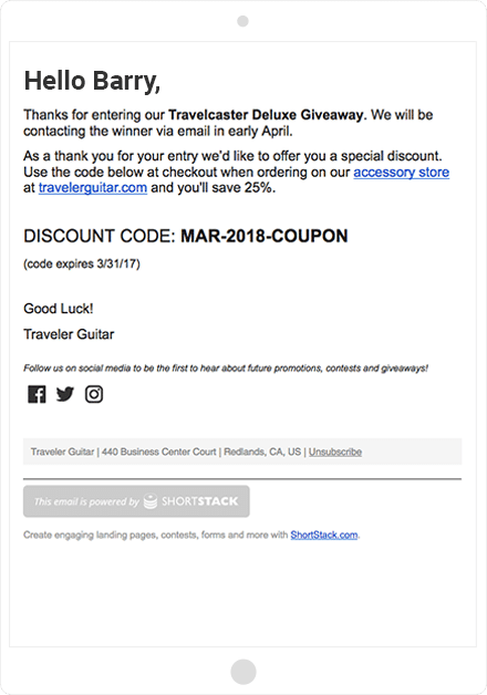 Traveler Guitar entry confirmation email and discount