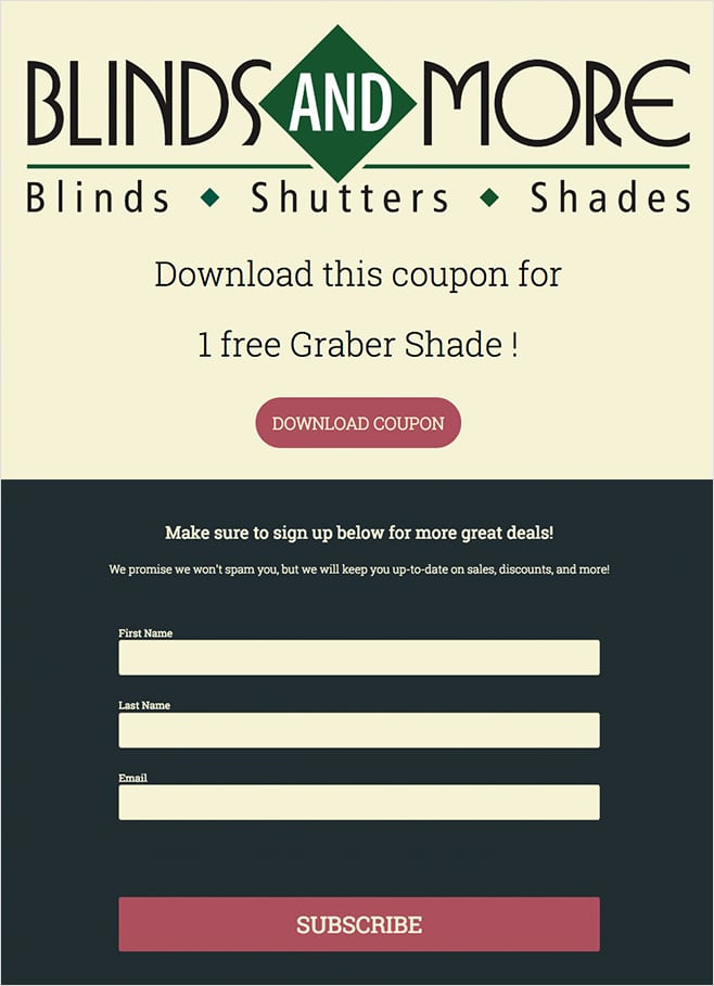 Blinds and More coupon built with ShortStack