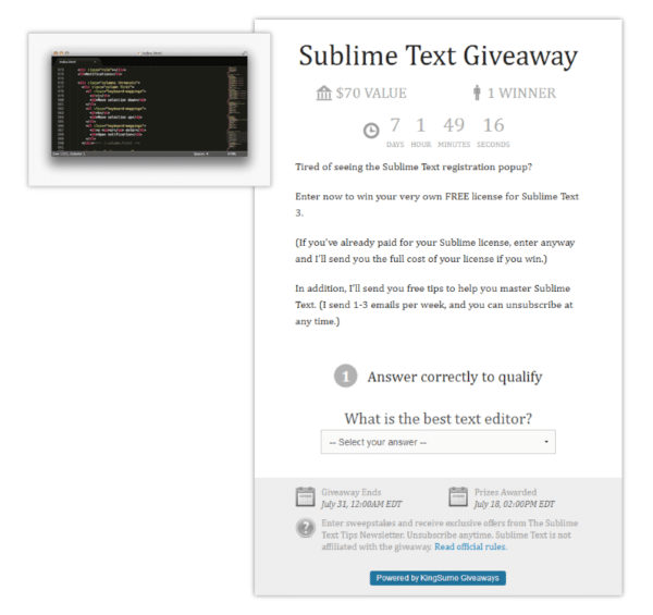 sublime text giveaway for Elements of a Successful Contest