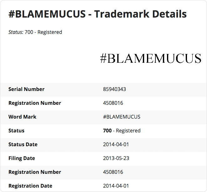 Blame Mucus Trademark details