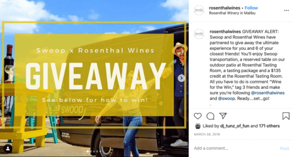Rosenthalwines Instagram post food and wine giveaway experiences as prizes