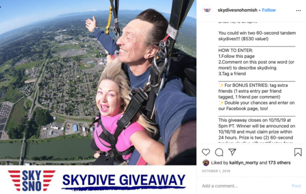Skydiversnohomish Instagram post skydive giveaway fun adventure activities