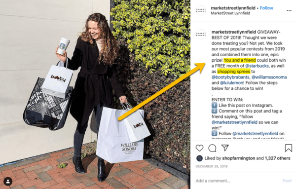 Marketstreetlynnfield Instagram post with a girl holding a shopping bag