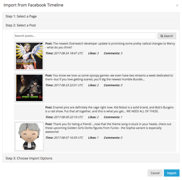 Import from facebook timeline for Facebook and instagram Comments as Constest Entries