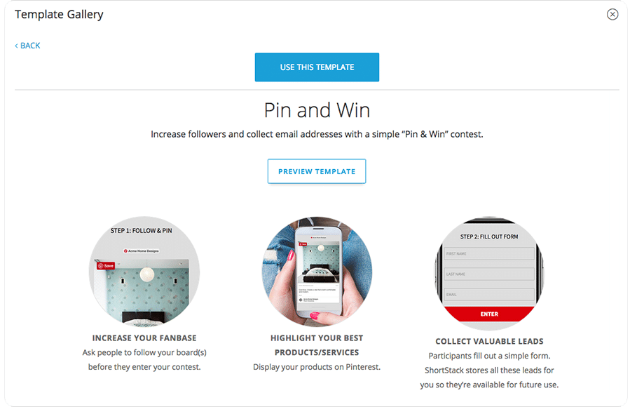 ShortStack's Pin and Win template in the gallery