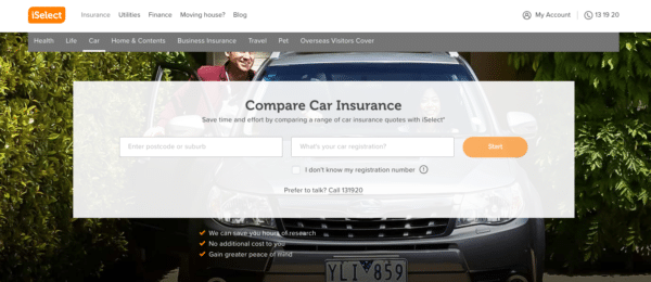 iSelect site after choosing Car Insurance for qualifying information