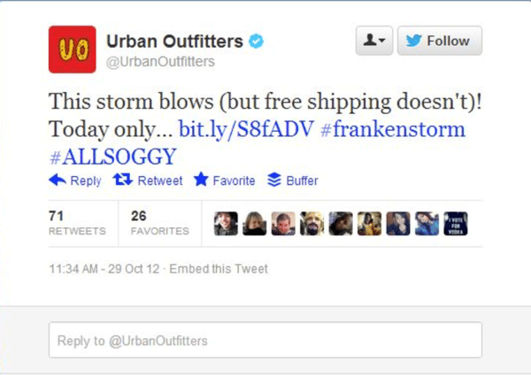 Urban Outfitters post about storm and free shipping brand newsjacking