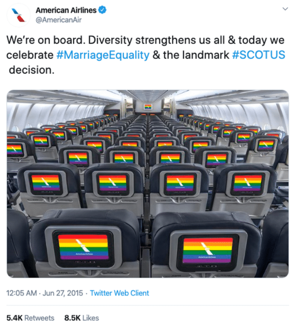 American Airlines post cabin seats in the picture for marriage equality