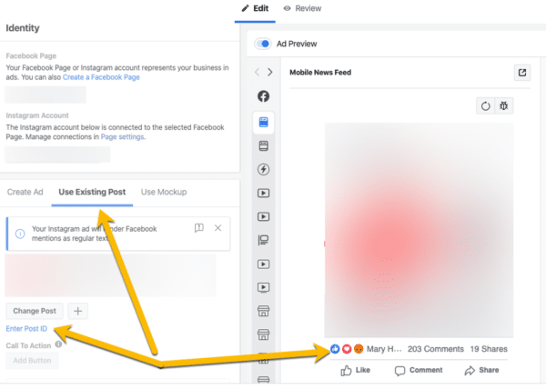 Facebook organic ads editor using existing post post ID and reactions Facebook Ads