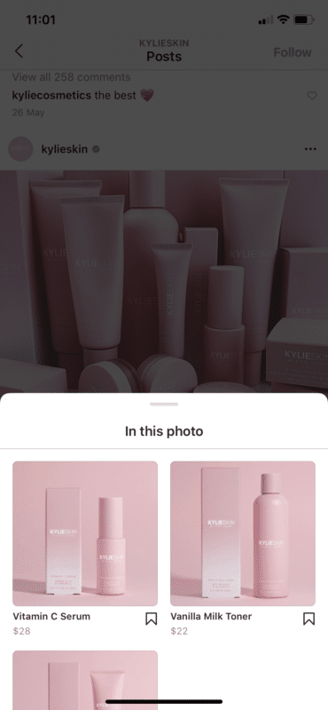 kylieskin products using shoppable posts in Instagram
