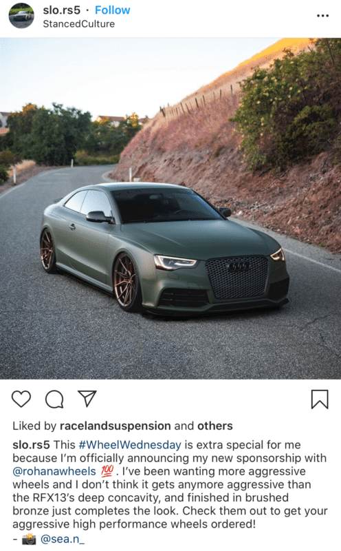 Instagram influencer slo.rs5 promoting tires with photo of a car