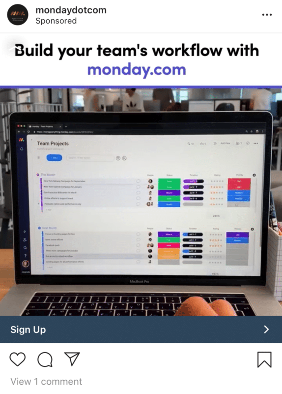 Monday.com Instagram sponsored ad in building your teams workflow