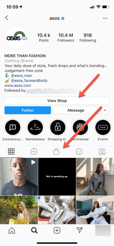 Asos Instagram page view shop shoppable posts