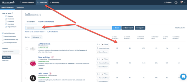 Find the list of relevant influencer using buzzsumo for Authentic Social Media Sharing