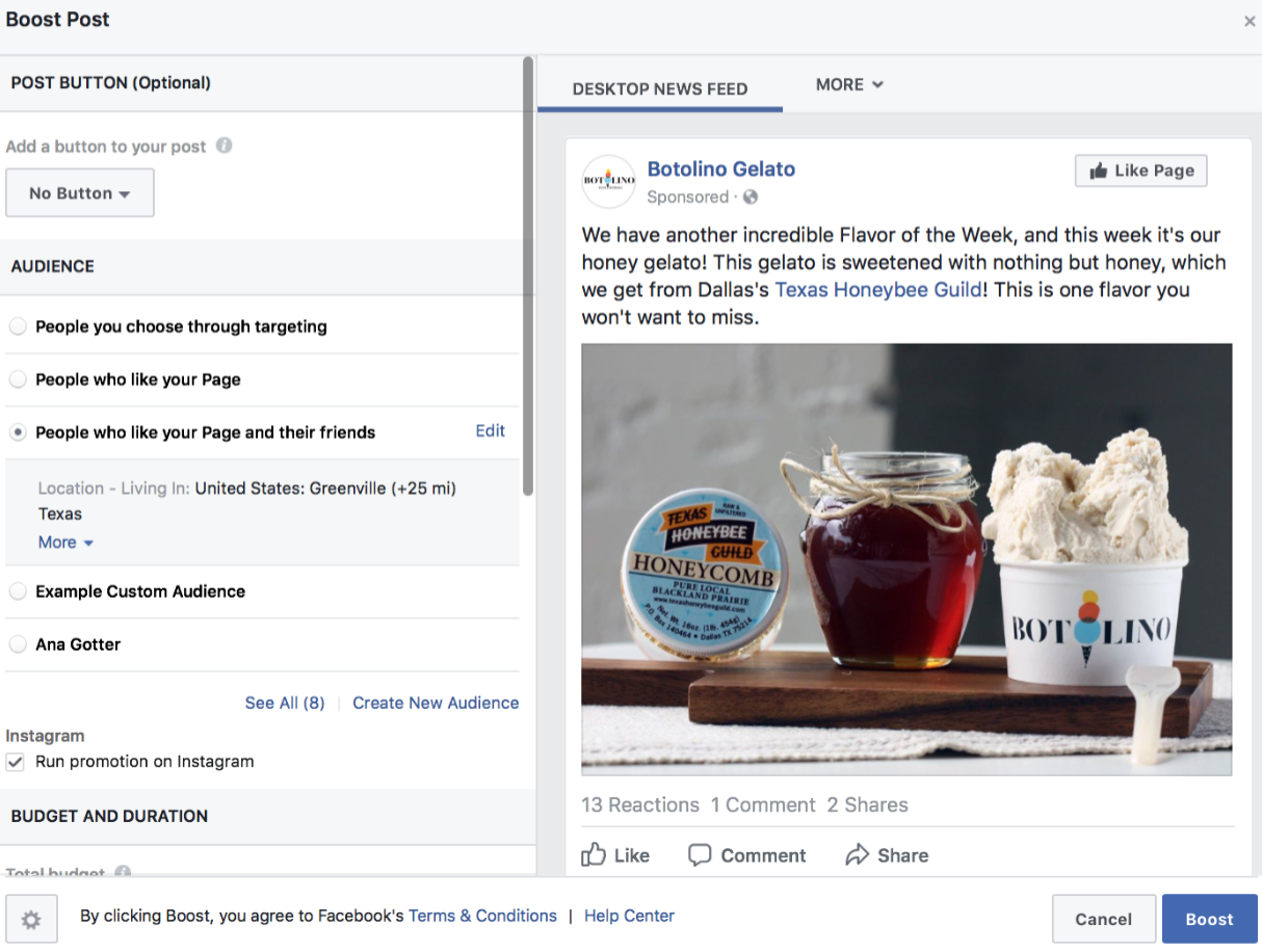 Boosting a post on Facebook