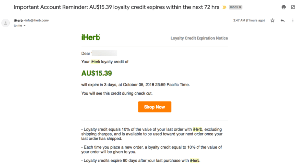 Create a long-term follow-up sequence example from iHerb offering a loyalty credit